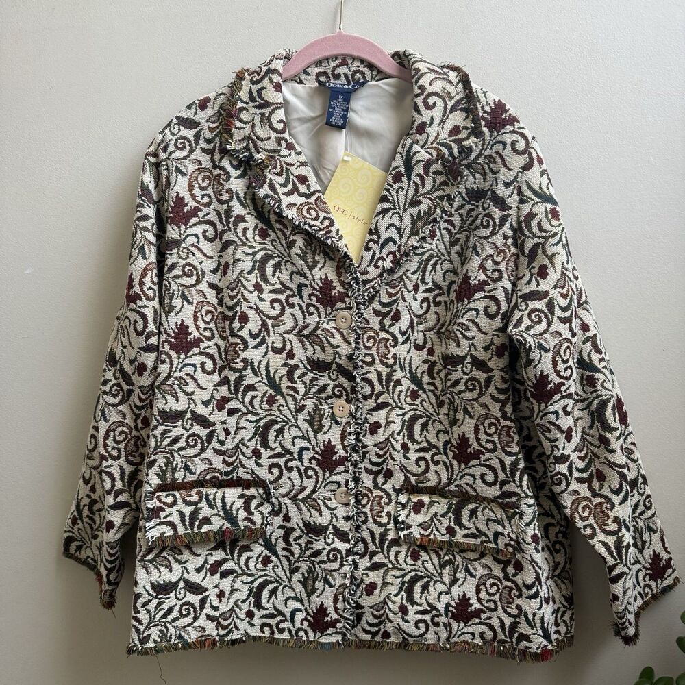 NWT Denim & Co. Floral Tapestry Jacket Lined Fringe Boho Cottagecore Women’s 1X